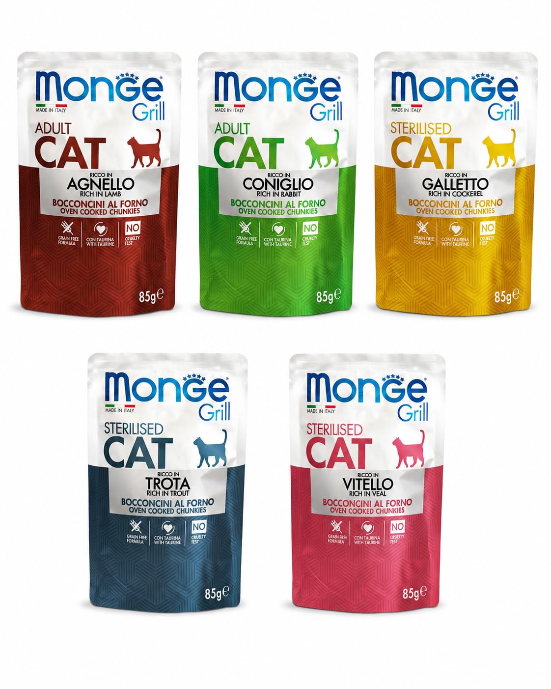 Monge Friandises pour chat en gelée aux saveurs assorties, nourriture humide complète pour chats adultes et stérilisés, 24 sachets de 85 g chacun.