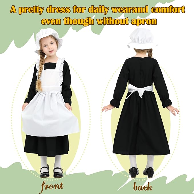 Disfraz colonial para niñas, vestido con delantal y capucha miniatura 2