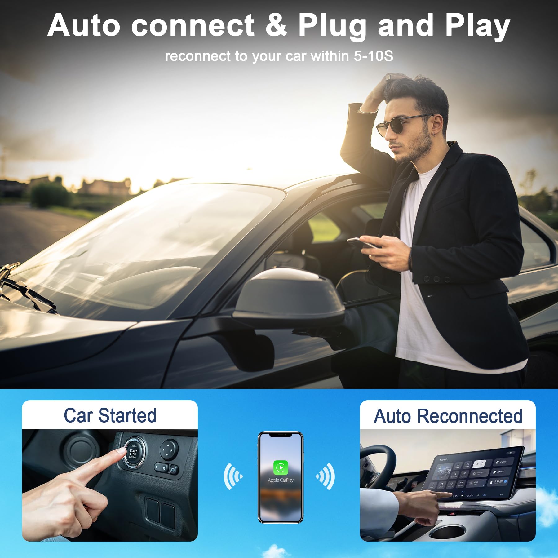 Adattatore CarPlay Wireless 5GHZ, Conversione CarPlay Cablato in Wireless, Connessione Automatica, per Veicoli con CarPlay Cablato di Fabbrica, Plug and Play,Nero