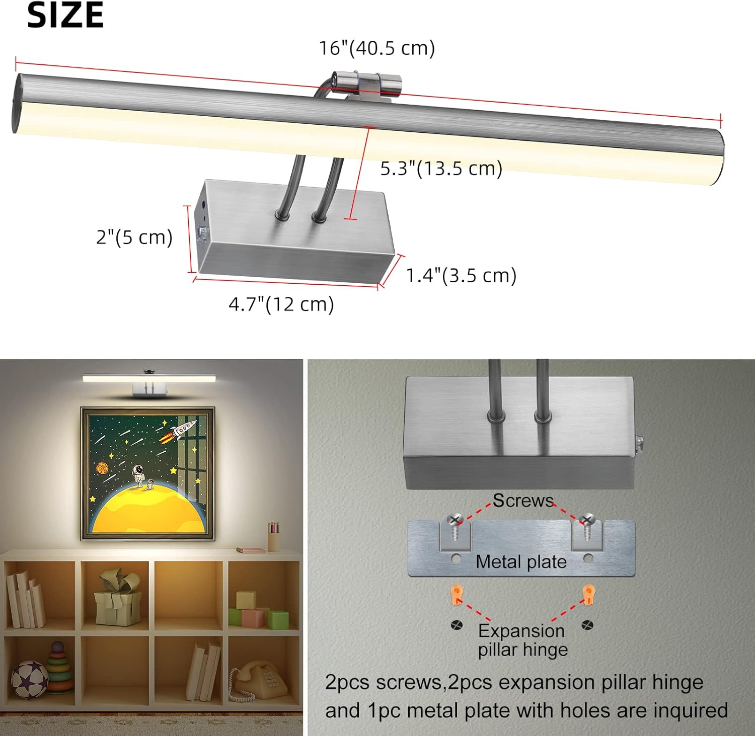 FUNCHDAY Wireless Picture Light,Remote Picture Light Dimmable and Timer,Battery Wall Light with Rotatable Light Tube,16“ Metal Art Display Light for Painting Frame Artwork Portrait L-Nickel