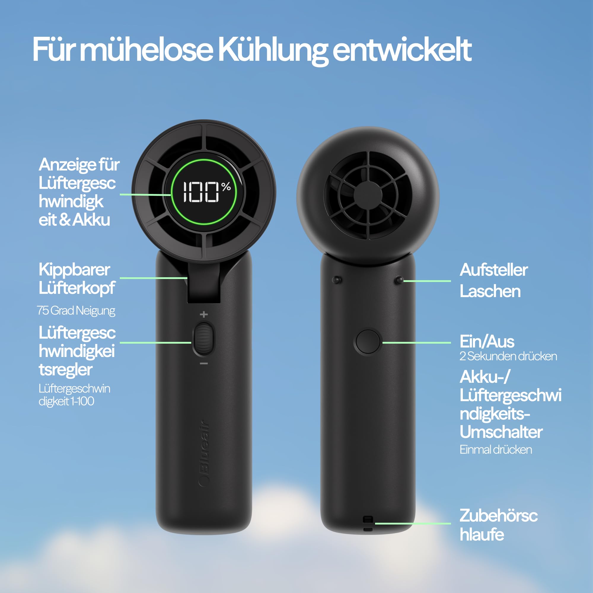 BLUEAIR AlwaysCool Tragbarer Handventilator F7 – Persönlicher Kühlkomfort mit bis zu 36 Stunden Akkulaufzeit, leisem Betrieb und kraftvollem Luftstrom. USB-C wiederaufladbar