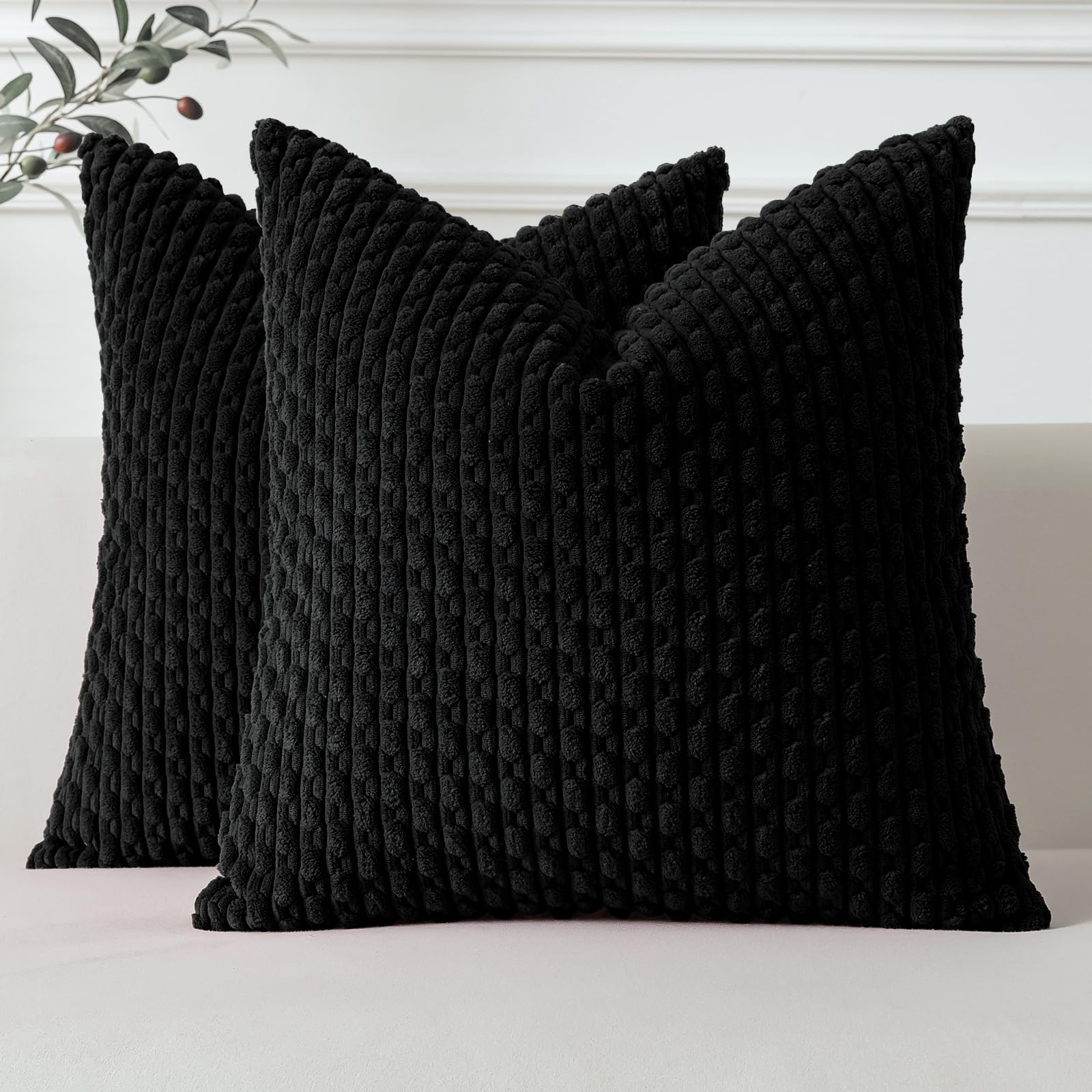 Sungeek Set of 2 Black Soft Corduroy Decorative Cushion Covers Boho Striped Throw Pillow Covers for Sofa Couch Living Room Patio Farmhouse Home Decor Pillowcases 45x45cm — image 1