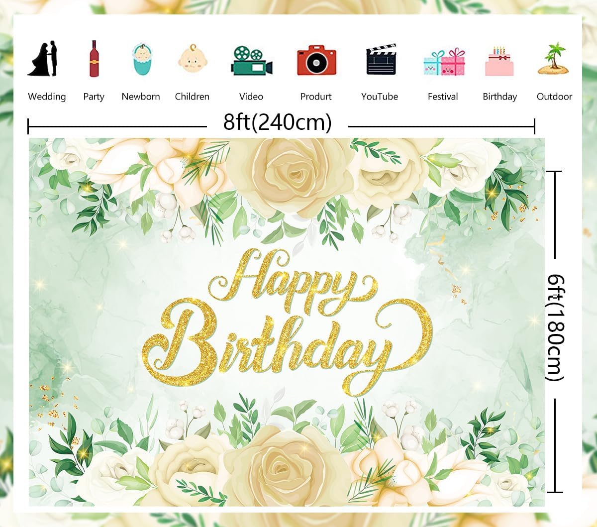 Greenery Happy Birthday Backdrop 8X6FT Sage Green Glitter Gold Eucalyptus Leaves White Rose Flower Photography Background for Girl Birthday Party Decorations Supplies