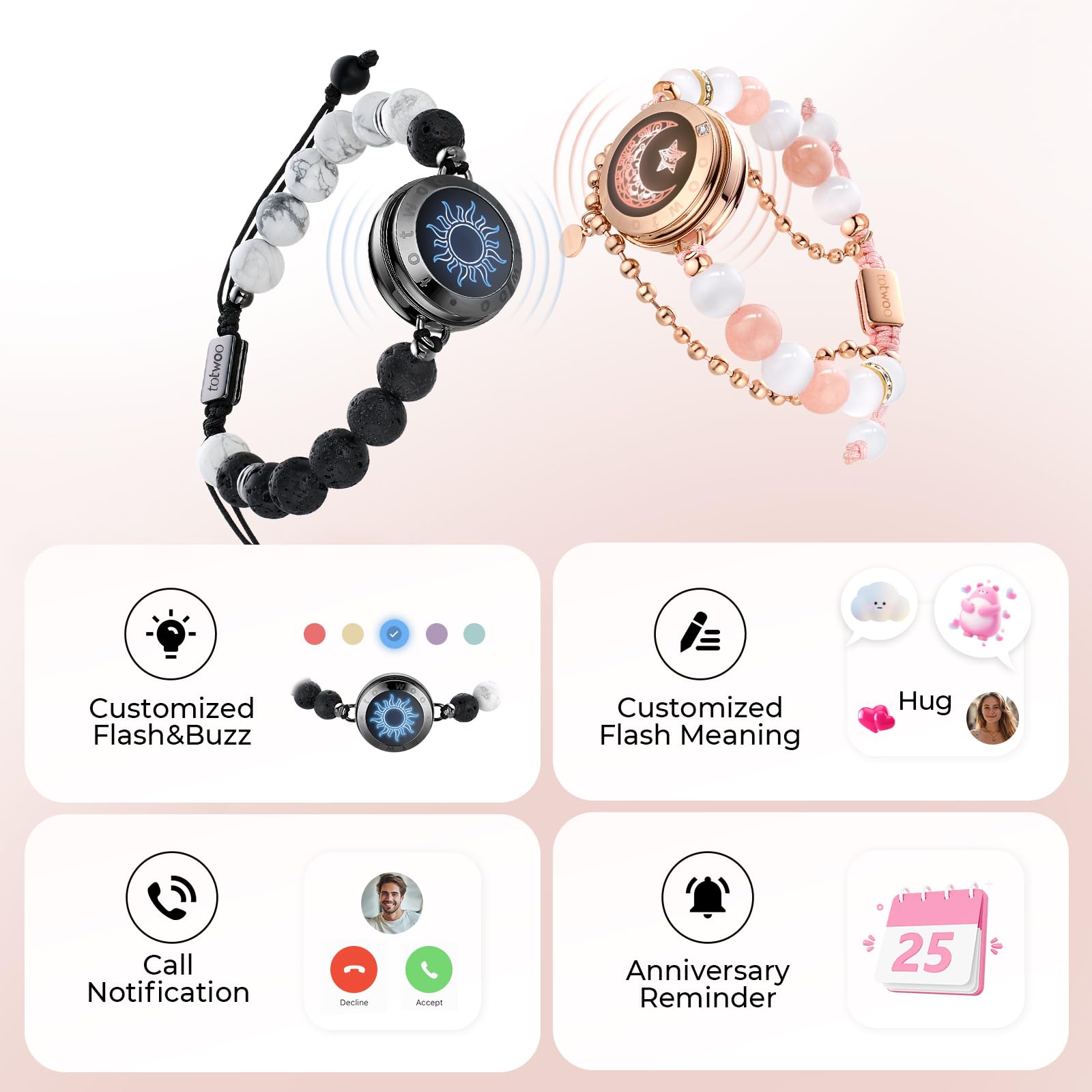 TOTWOO Pulseras táctiles de larga distancia con función de vibración, joyas inteligentes para él y ella, pulseras a juego para parejas con patrón de sol y luna, par uno a uno a través de Bluetooth