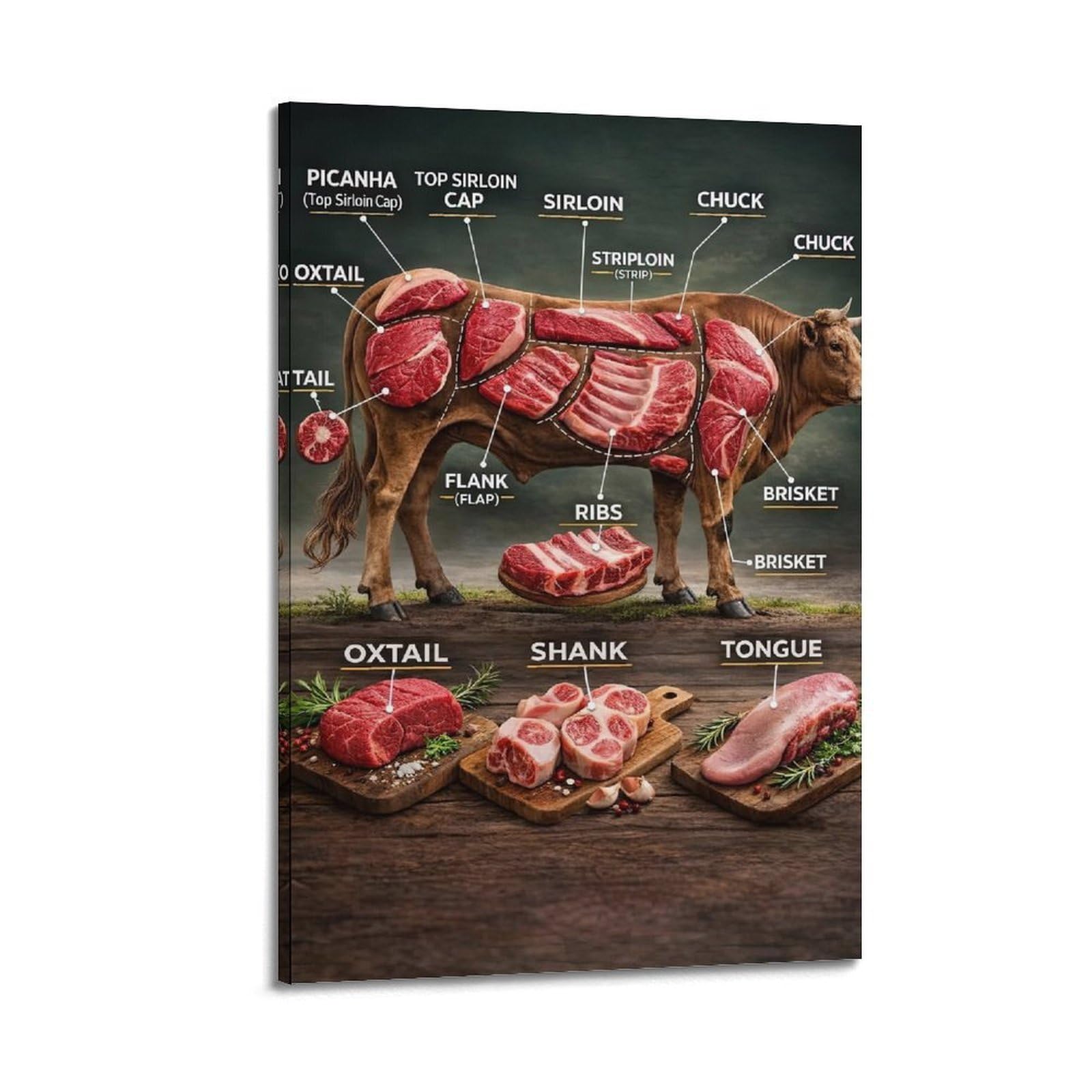 OKAHYS Different Cuts of Beef Artwork Poster Decorative Painting Canvas Wall Artworks Picture 24x36inch(60x90cm)