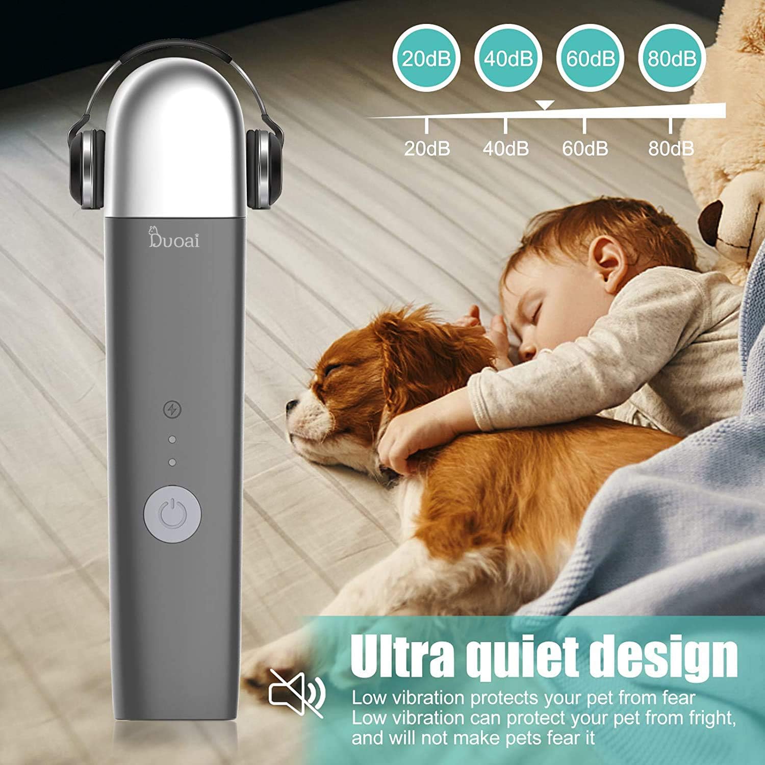 Duoai Electric Dog Cat Nail Grinder,Professional Pet Nail Trimmer for Cats Low Noise Rechargeable 2 Speeds Painless Paws Claw Care Grooming Smoothing for Small Medium Large Dogs Cat with Lanyard, Grey