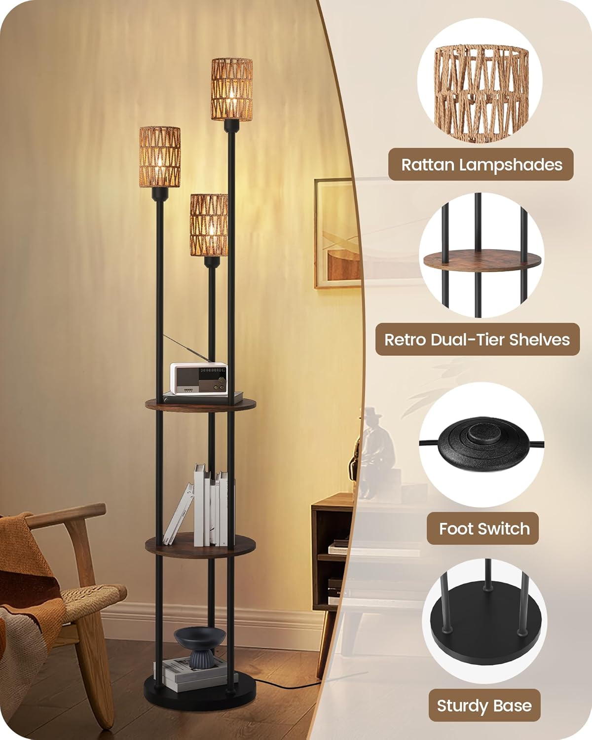 Floor Lamp with Shelves, Boho Floor Lamp with Foot Switch, 3-Light Standing Lamp, for Living Room, Bedroom, Study, Rustic Brown and Yellow YF53LD05