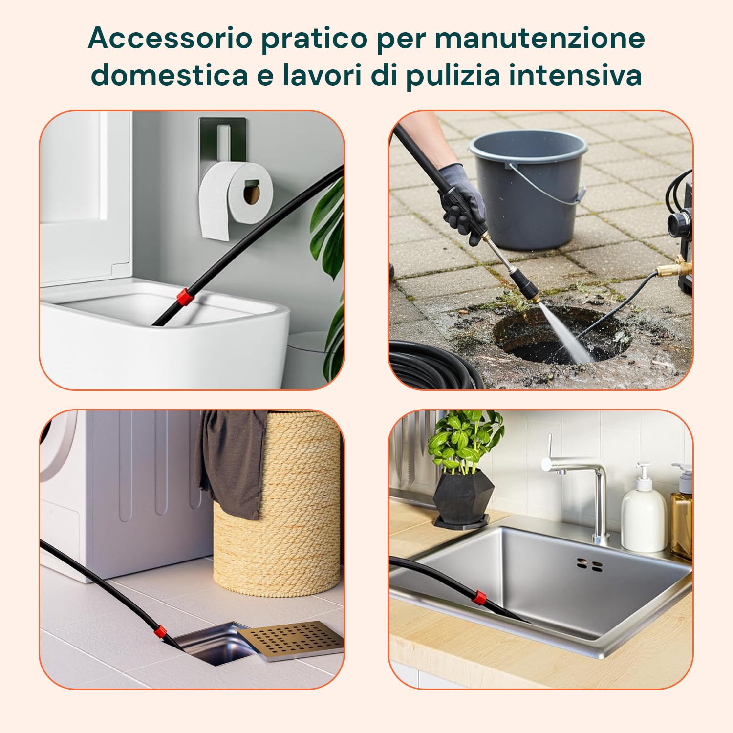 Sonda Sturatubi 15m per Idropulitrice - Tubo Alta Pressione 160 bar di Resistenza, Flessibile, Ugello Autopropellente - Set 4 Adattatori Universali, Scarichi, Condotti e Tubazioni Intasate