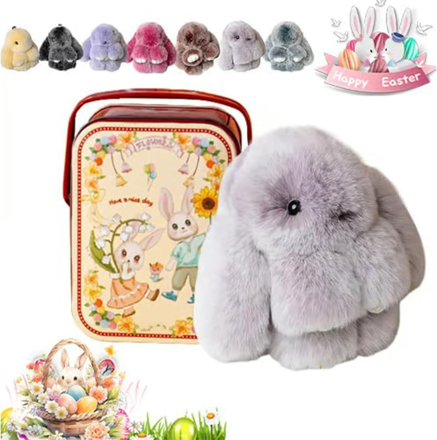 XIUNYIE Easter Bunny Plush Keychain in Iron Gift Tin, Fluffy Rabbit Keyring Kawaii Soft Furry Pendant for Handbag or Backpack Cute Decorative Charm, Birthday Christmas, #J