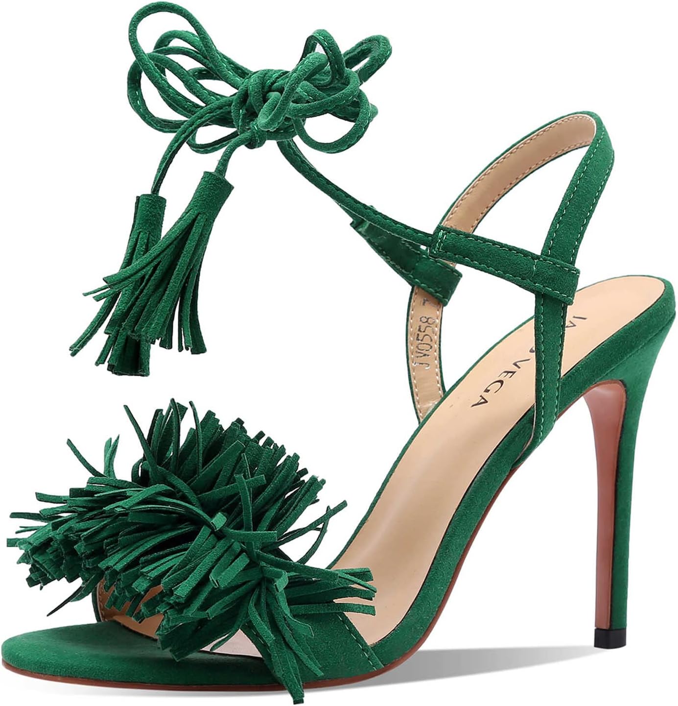 Jaro Vega Fringle High Stiletto Heel Sandals for Women, Lace Up Strappy Tassels Heeled Summer Shoes, Green, 7