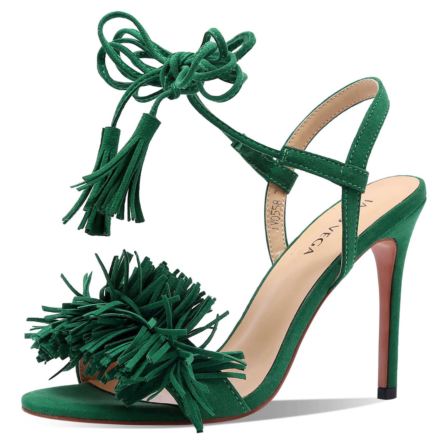 Jaro Vega Fringle High Stiletto Heel Sandals for Women, Lace Up Strappy Tassels Heeled Summer Shoes, Green, 7