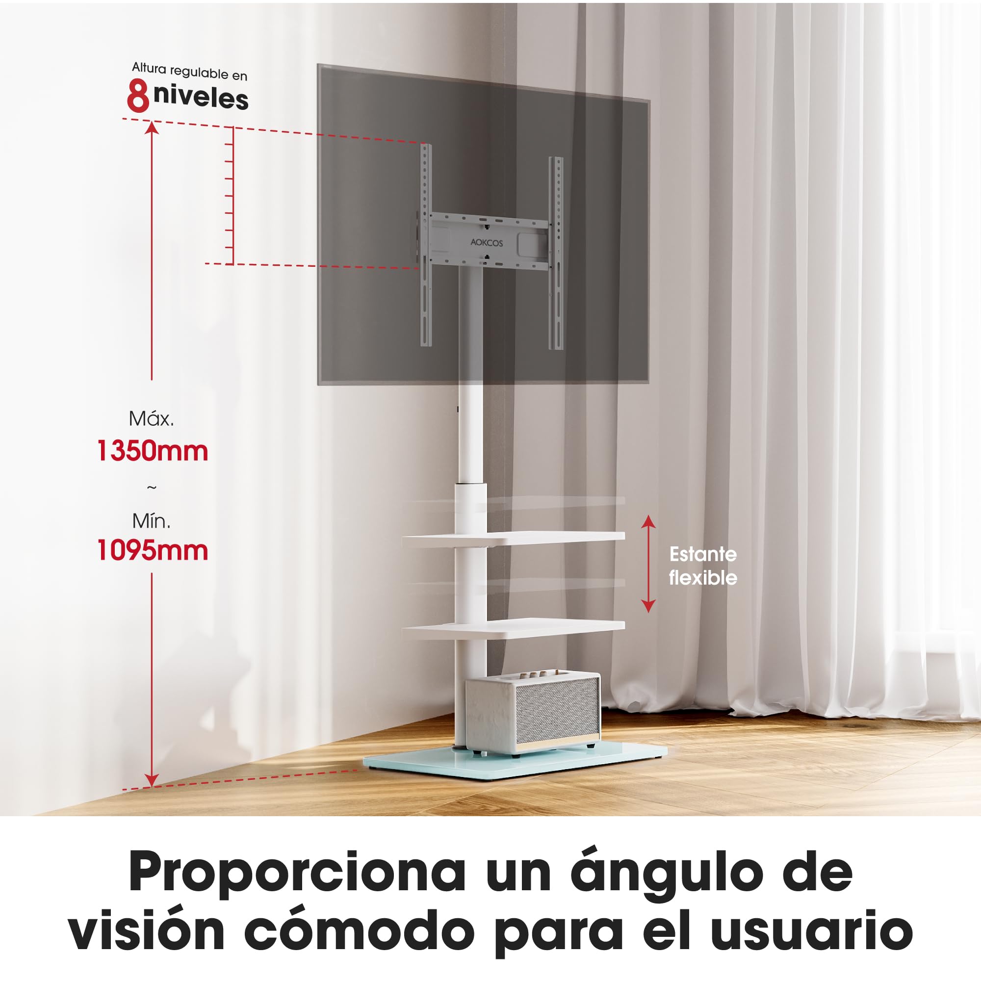 AOKCOS Soporte de TV para 32 a 70 Pulgadas, Soporte de Suelo para TV de 1350 mm de Altura, Ajustable en Altura, Giratorio, Inclinable, Soporte de TV con 3 Estantes (Blanco)