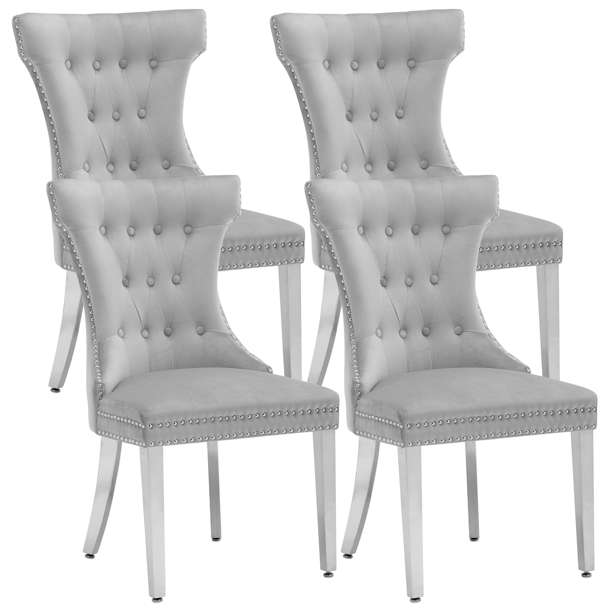Creek Vista Velvet Dining Chairs Set of 4, Upholstered Dining Room Chair with Stainless Legs, Tufted Kitchen Chair with Button Back and Pull Ring,