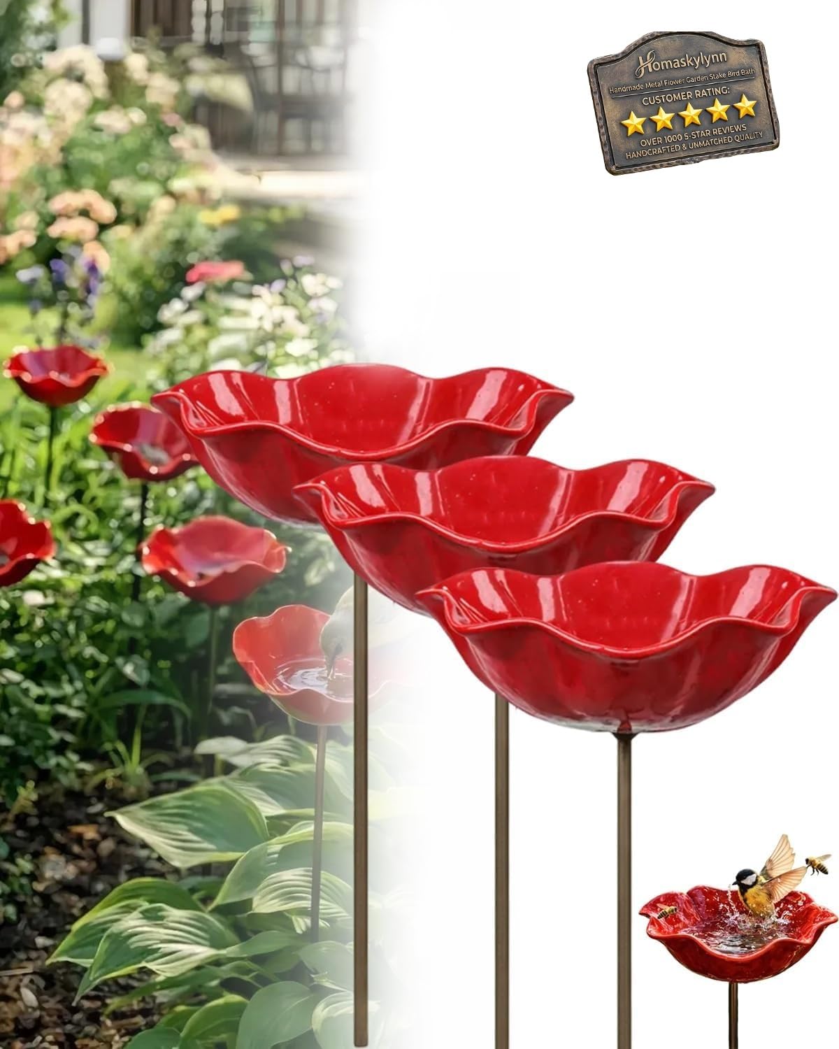 Handmade Metal Flower Garden Stake with Bee Bath & Bird Water Bowl Butterfly Watering Station Pollinator Feeder Bowl Hummingbird Drinking Yard Decor Creative Shaped Garden Decor Gift(3pcs)