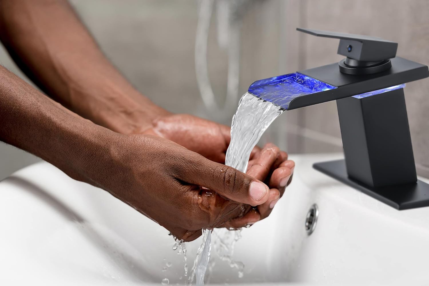 LED Bathroom Sink Faucet - Matte Black Single Hole or 4 Inch Centerset Waterfall Faucet with Stainless Steel Spout and Temperature-Sensitive LED Lights, Includes Deck Plate