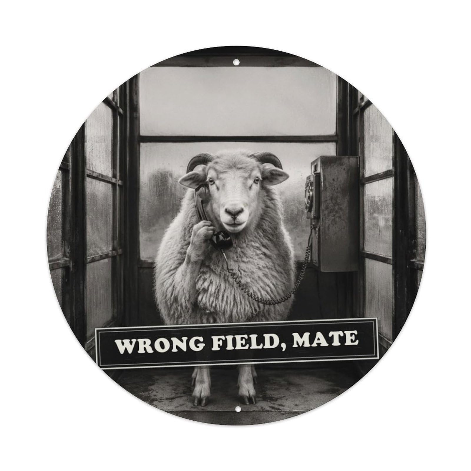 Animal Sheep Phone Booth Absurd Anthropomorphic Social Satire Metal Tin Sign Plaque Wall Decor for Cafe, Man Cave, Club Bar, Office, Home Garden Round Metal Poster 8x8Inch