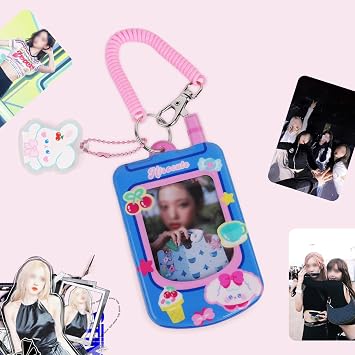 Kpop Photocard Holder with Keychain Cute Pendant 3 inch Idol Album Photo Card Sleeves ID Bus Bank Credit Card Protector for Student Kpop Fan (Blue)