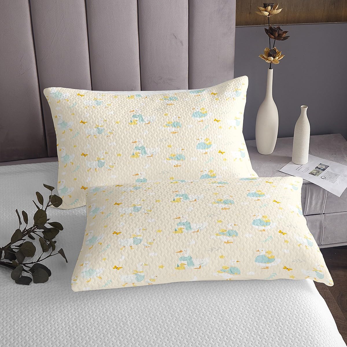 Castle Fairy Duck Bedding Set King Size,Cartoon Animals Bedspread 3Pcs,Starry Sky Moon Comforter Set for Kids Girls Boys Teens Room Decor,Rustic Farmhouse Palm Leaf Print Quilt Coverlet,2 Pillowcases