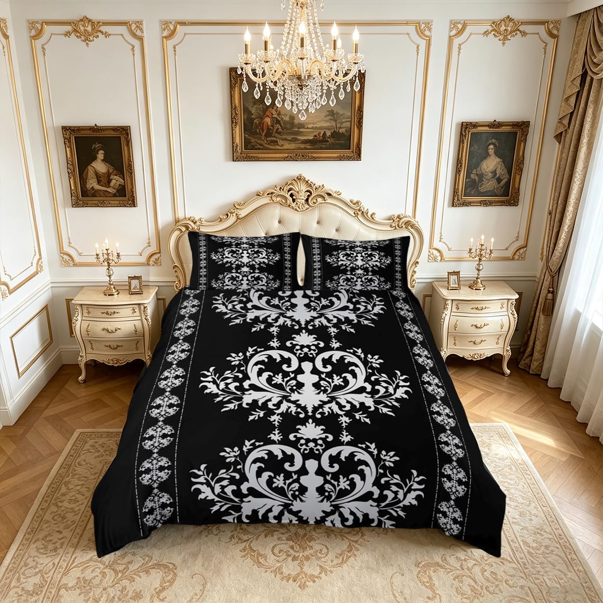 Homemissing Vintage Damask Floral Duvet Cover Set Cot Size for Kids Boys Girls Damask Jacquard Bedding Set Gothic Bohemia Floral Duvet Cover with 1 Pillowcase Oriental Antique Bedding โ image 1