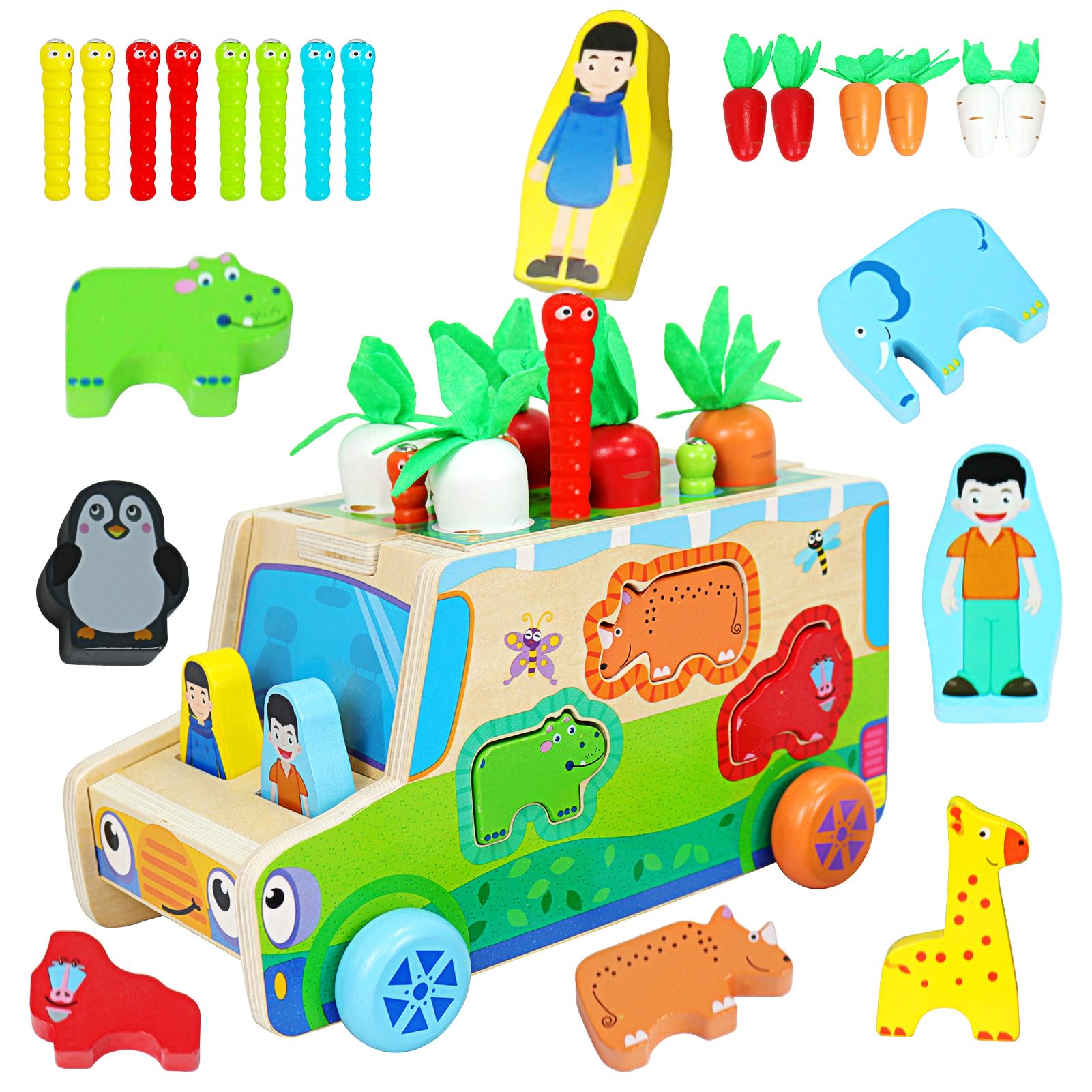 Jirmerp Juguetes Montessori,7 in 1 Juegos Educativos Niños Sensoriales Educativos Juguetes Niños Juguetes Madera Verduras Animales Coche Regalo para Cumpleaños/Navidad/Pascua de Resurrección