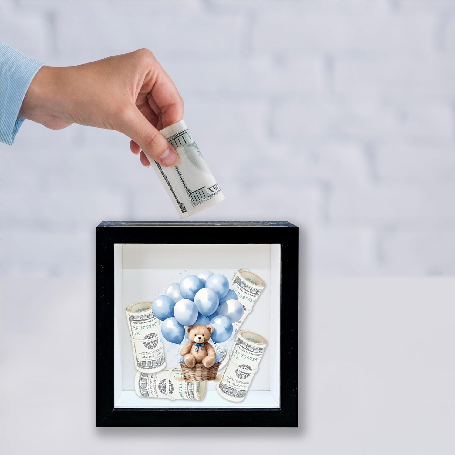Baby Saving Money Shadow Box Frame, Boy Piggy Bank Box with Slot, Blue Balloon Bear Keepsake Memory Box, Fund Money Box Birthday Gifts for Kids Children, Boys Room Decorative Wooden Money Box -24