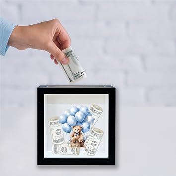 Baby Saving Money Shadow Box Frame, Boy Piggy Bank Box with Slot, Blue Balloon Bear Keepsake Memory Box, Fund Money Box Birthday Gifts for Kids Children, Boys Room Decorative Wooden Money Box -24