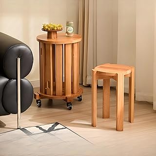TBQATNTS Set of 4 Stackable Wooden Stools, 4-in-1 Nesting Stools for Side Table, Bedside Table, Coffee Table or Extra Seating, No Assembly Required,Cherry,with Wheels