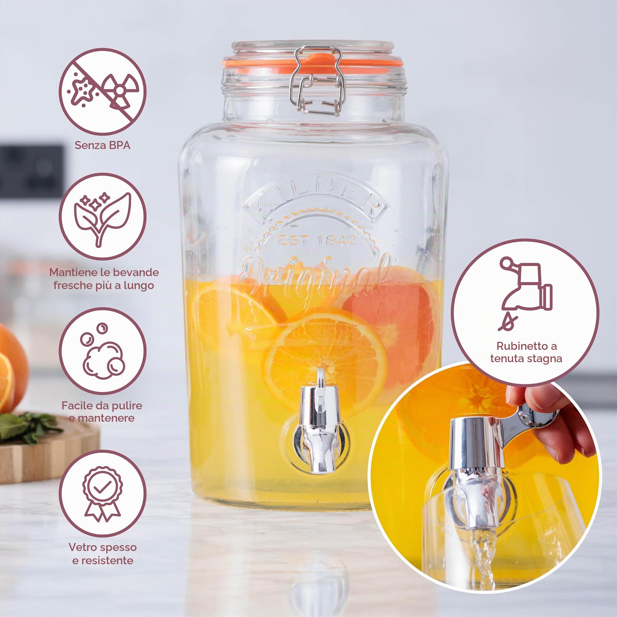 Kilner Dispenser Vetro Drink, con Rubinetto, Lt 5