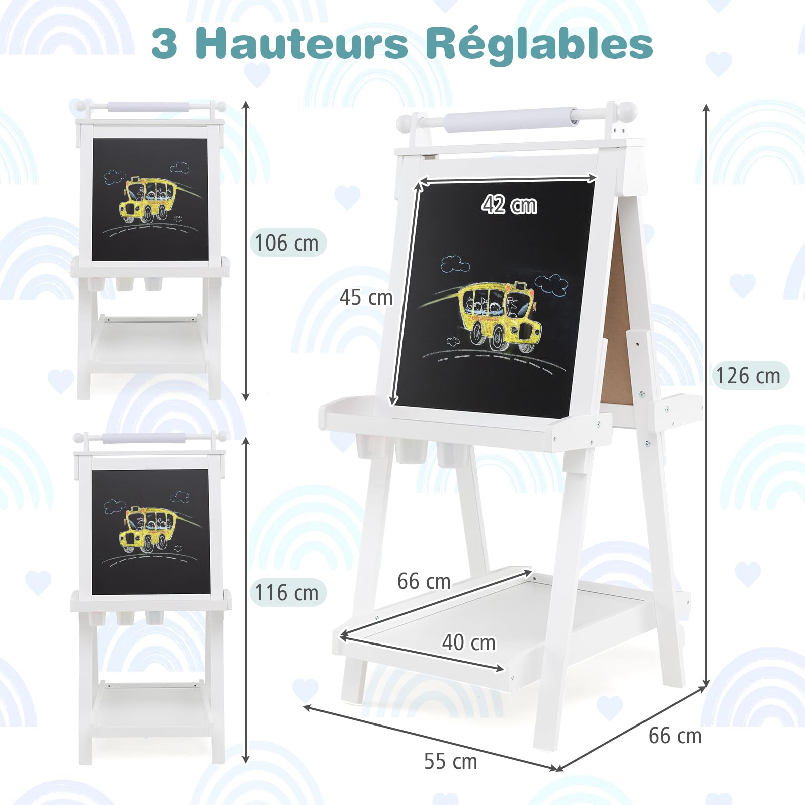 GOPLUS 3 en 1 Tableau Enfant Double Face, Chevalet d'art Enfant Hauteur Réglable, avec Tableau Blanc/Noir Magnétique, Rouleau de Papier, 3 Gobelets à Peinture, 3 Plateaux (Blanc)