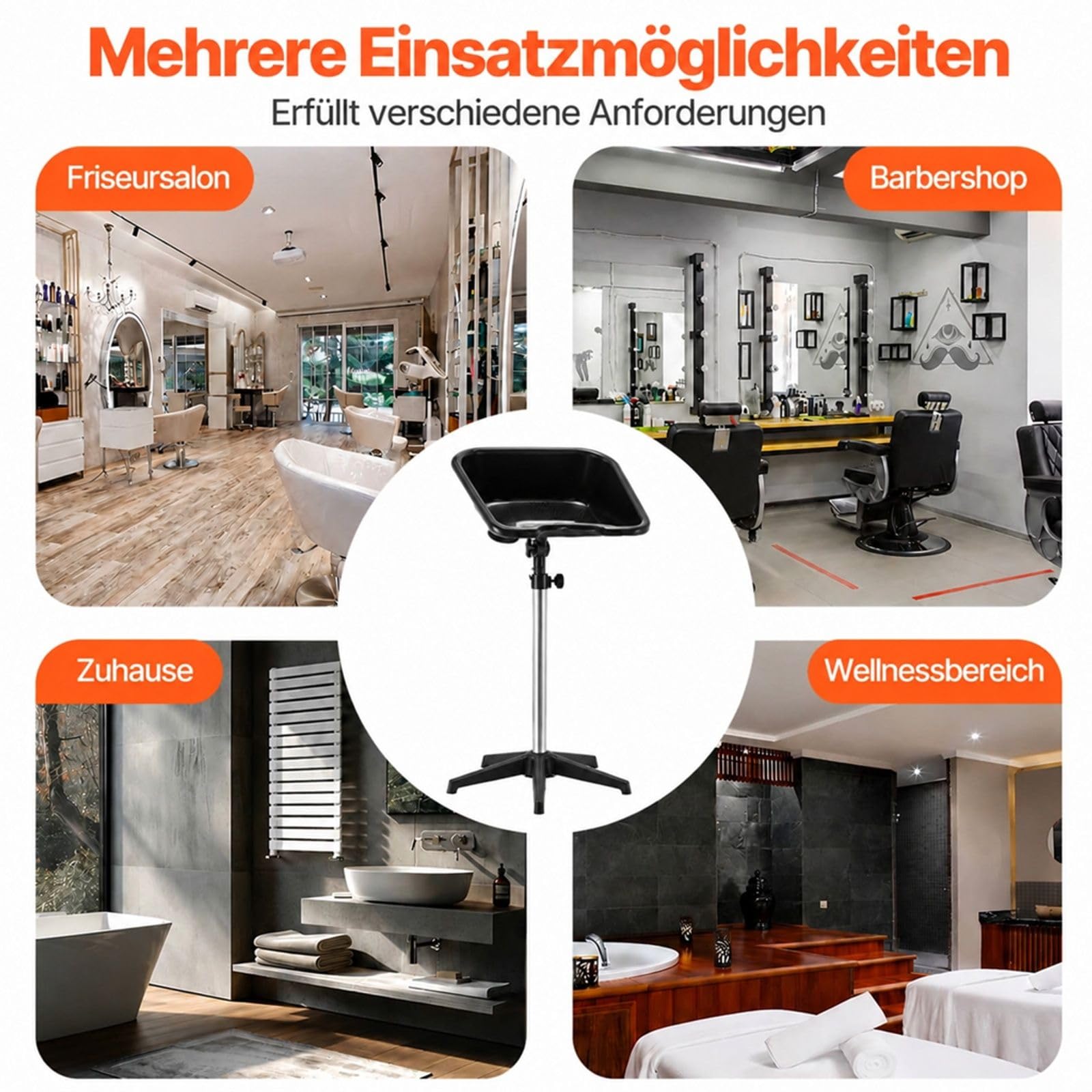 Mobiles Haarwaschbecken mit Standfuß, höhen- und winkelverstellbar, Ablaufschlauch für Friseursalon und Barbershop