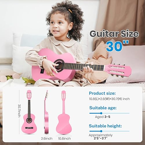 Miniatura 4 de Moukey Guitarra acústica de 30 pulgadas para principiantes, niños y niñas de 14 tamaño junior, cuerda de nailon, guitarra clásica acústica con