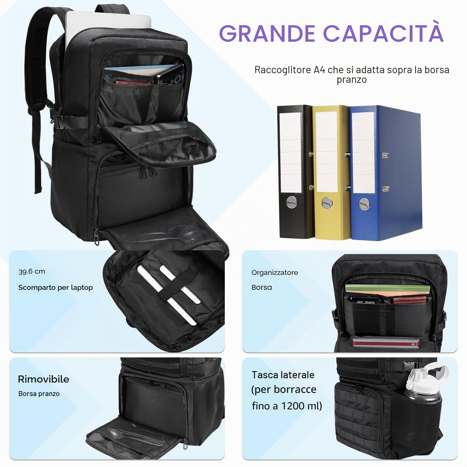 BERTASCHE Zaino per il pranzo, zaino per computer portatile con borsa termica per 15,6 pollici, zaino 2 in 1 da uomo, per lavoro, scuola, picnic, università, nero scuro