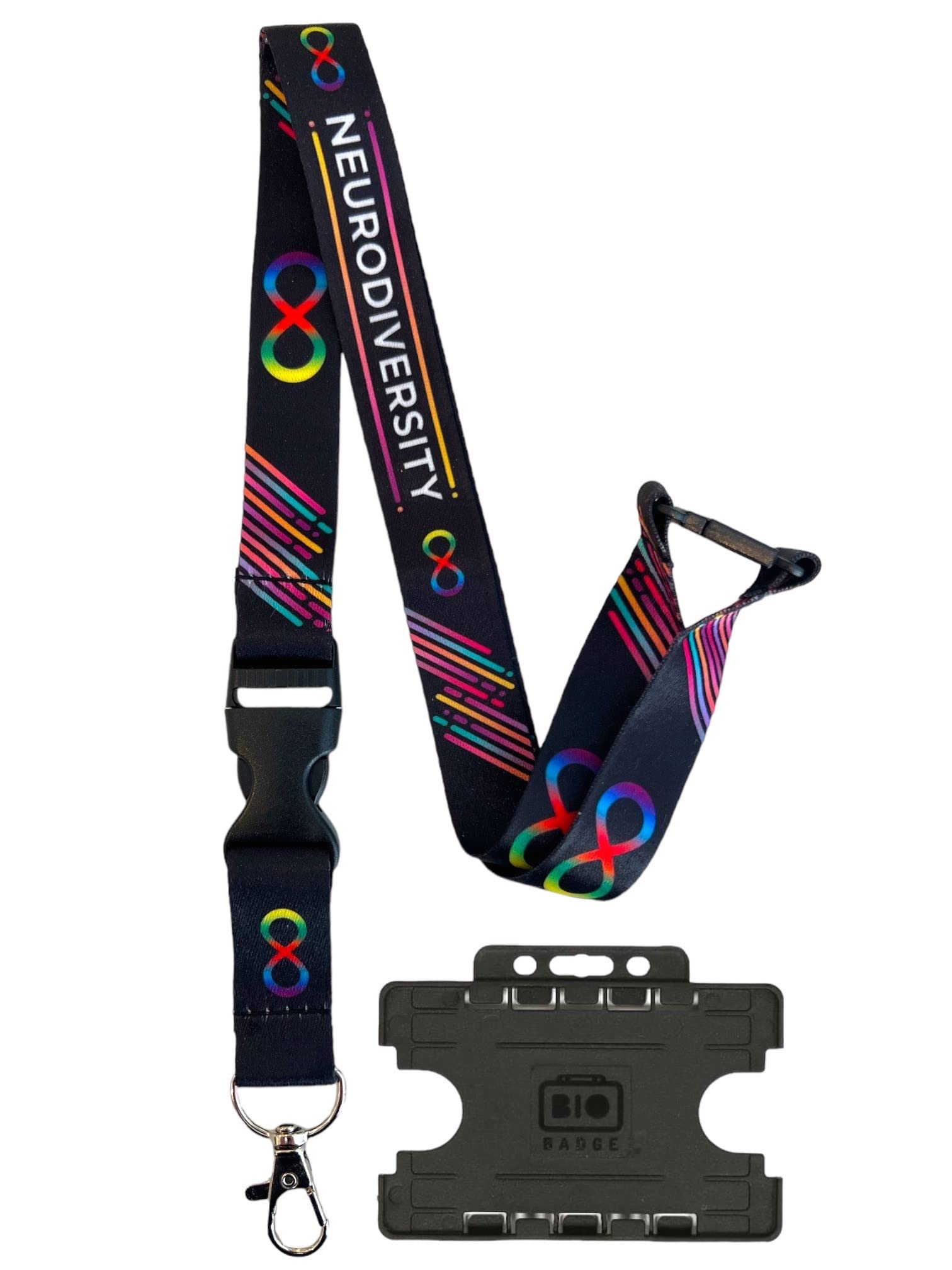 Black Neurodiversity Awareness Lanyard with Detachable Clip & Safety Breakaway & Black Horizontal ID Card Holder