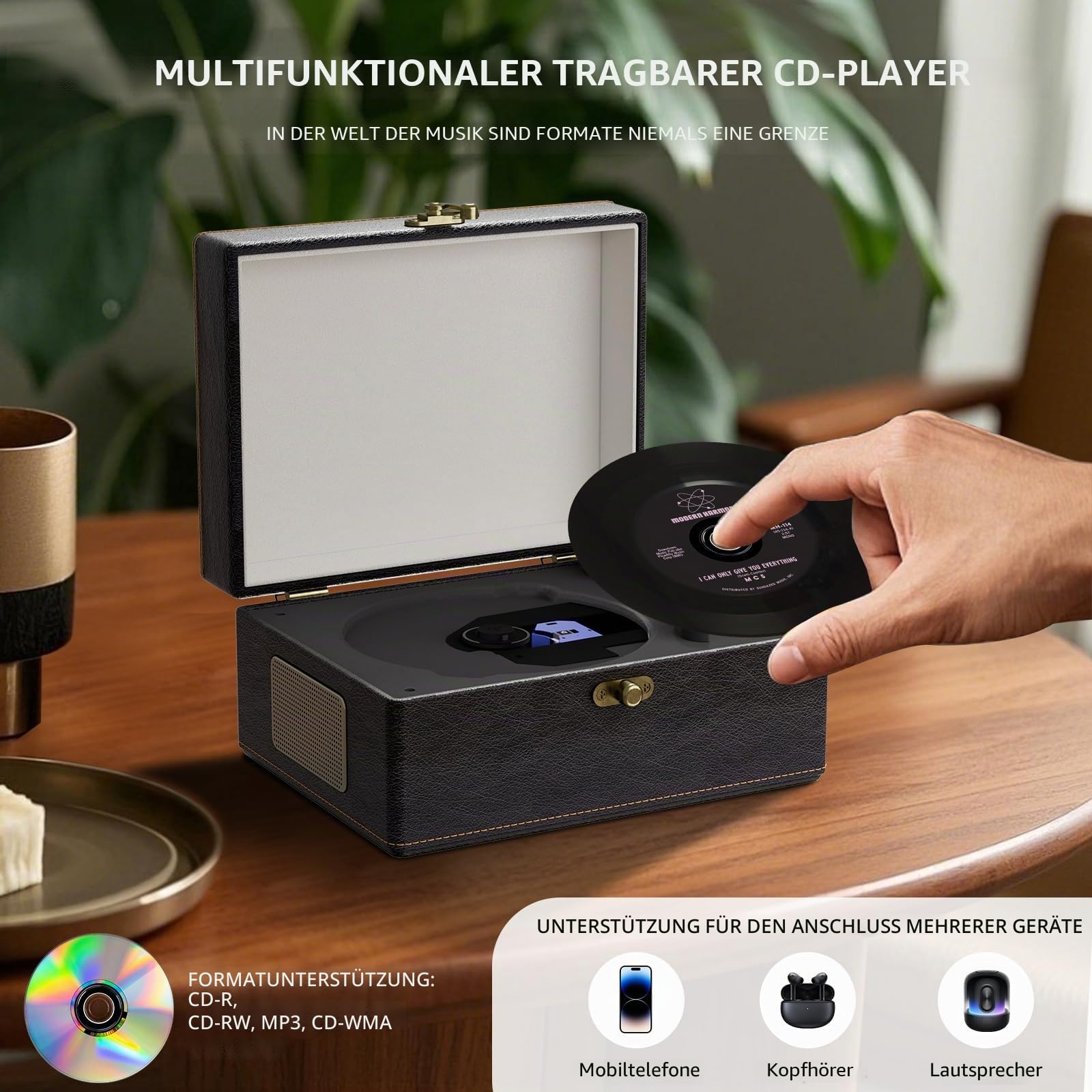 Yintiny Tragbarer CD-Player im Vintage-Stil mit Bluetooth-Konnektivität, Außenseite aus Leder