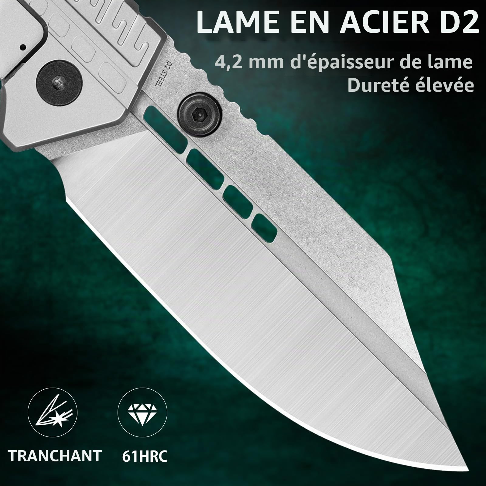 LOTHAR LORD Couteau Pliant, D2 Acier Couteau à une Main Avec Clip de Ceinture, 420 Manche en Acier, Grand Couteau en Plein air, Convient Pour la Collecte