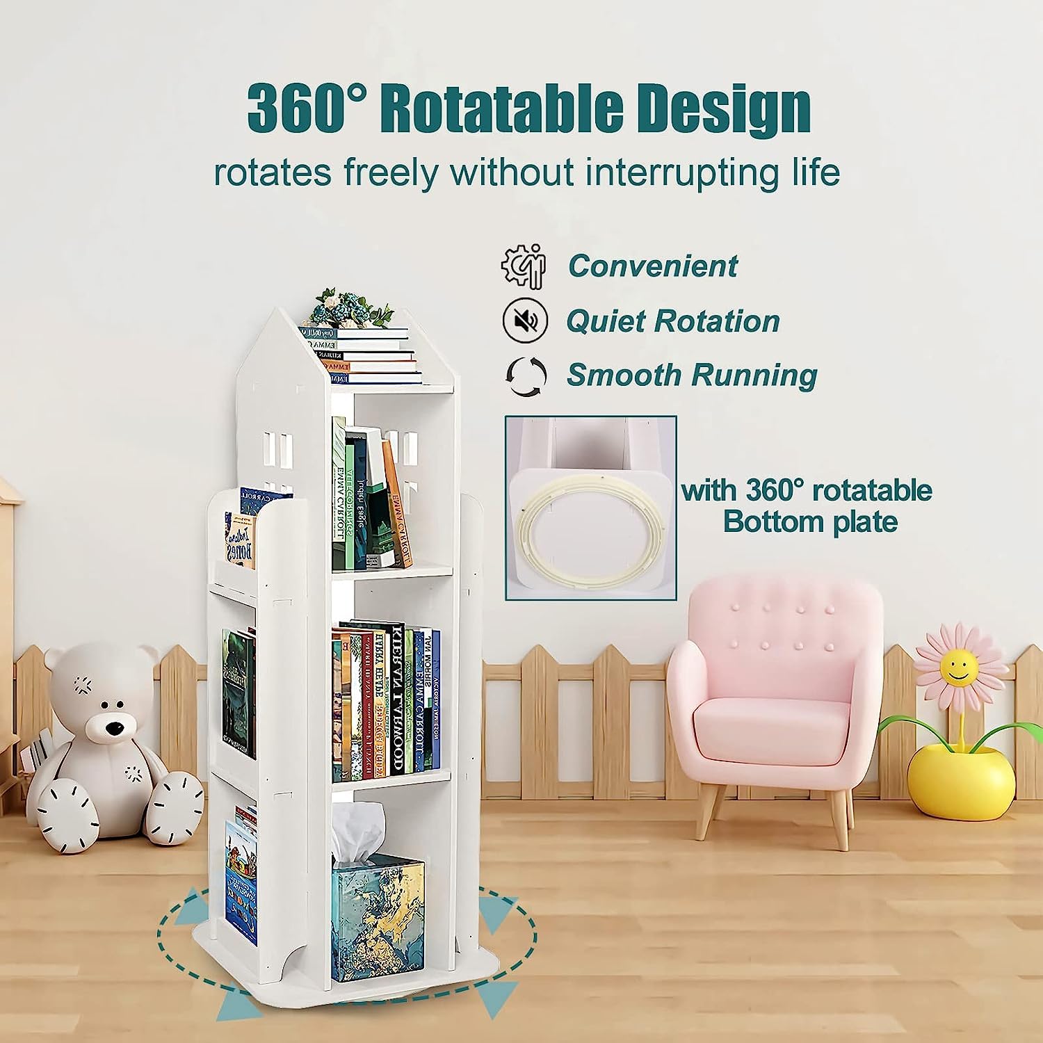 uyoyous 3-stufiges Drehbares Bücherregal Standregal Drehregal Weiß | 360 Grad Drehbar Buchregal Bücherregalturm Platzsparende für Schlafzimmer Wohnzimmer Arbeitszimmer, 40 x 40 x 95 cm