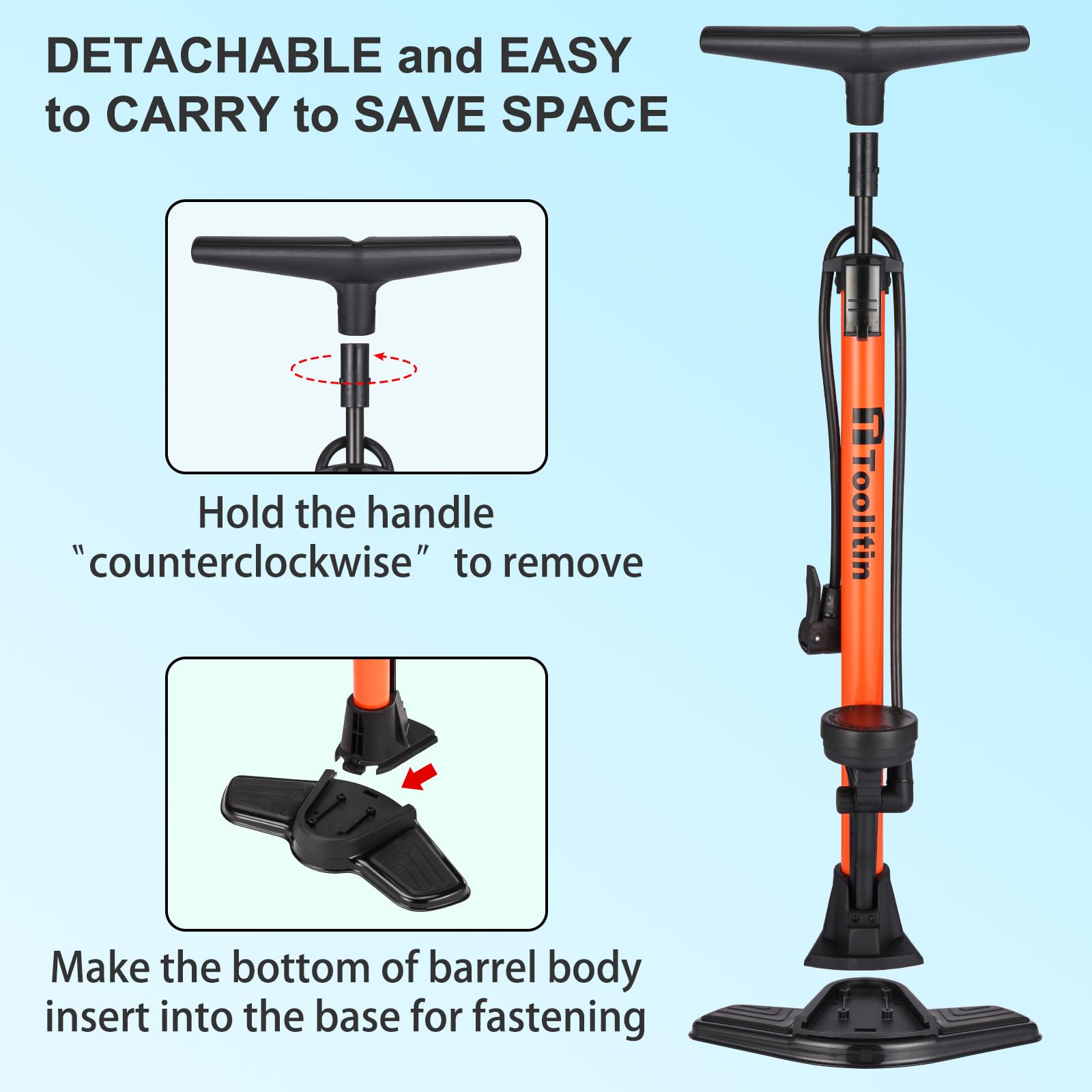 TOOLITIN Floor Bike Pump with Gauge,160 PSI High Pressure,Bicycle Pump Compatible with Presta and Schrader Valve