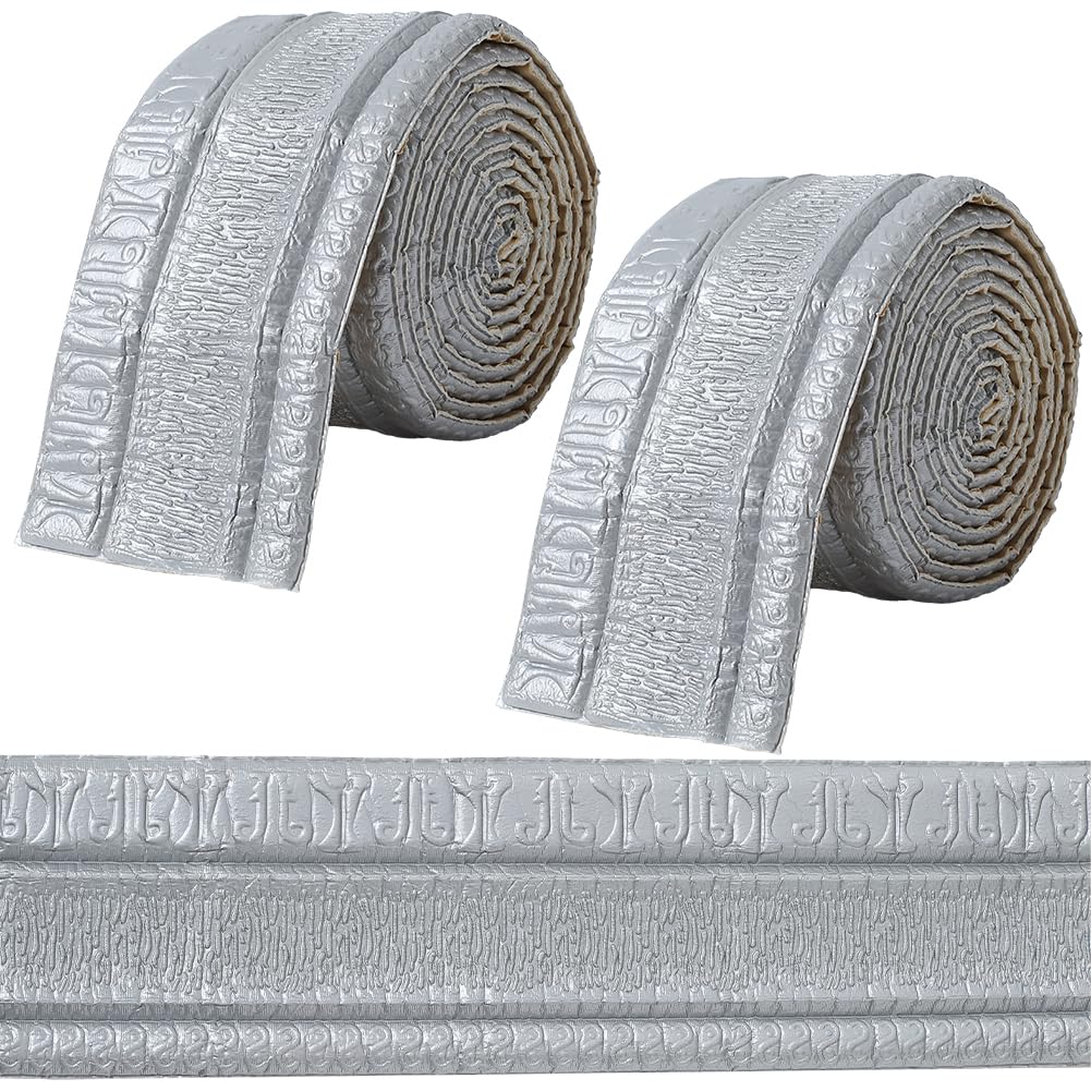 GORGECFAFT 2 Rolls 2.3mx79mm 3D Wall Edging Foam Flexible Wallpaper Border Silver Gray Crown Molding Peel and Stick Mirror Edging Frame Lines Wall Base Ceiling Baseboard for Home Furniture DIY Decor