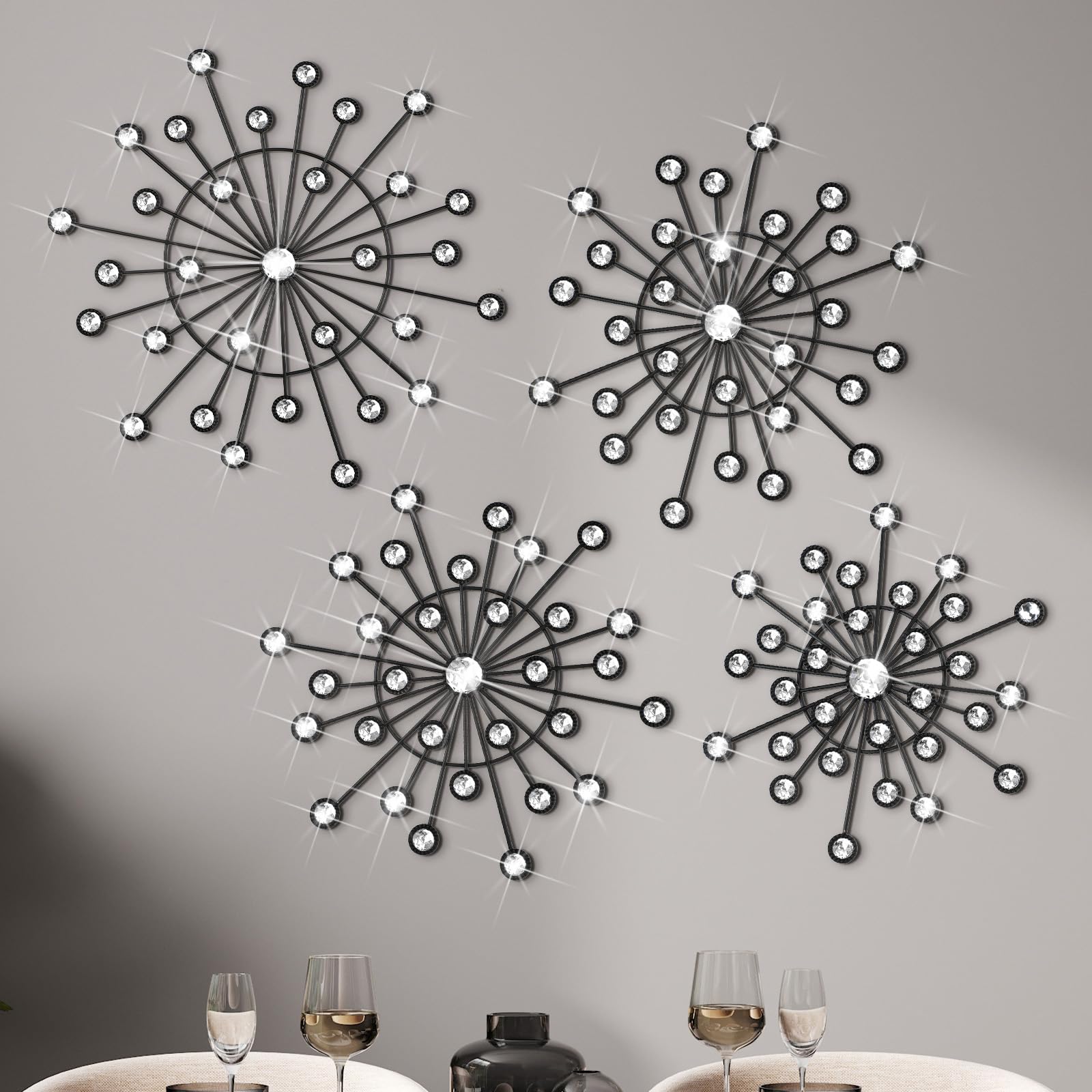 Blulu 4 Pcs Black Wall Decor, Bling Crystal Starburst