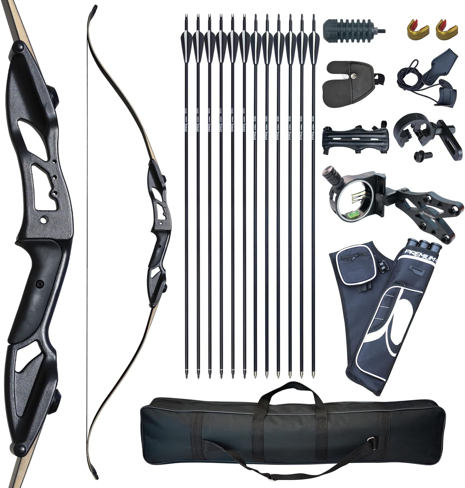 D&Q Takedown Recurve Bow and Arrow Set Adult Kit Archery Hunting Shooting Target Practice Competition Survival Longbow Package 30 35 40 45 lbs Right Handed with Bow Case Stringer Arrow Quiver