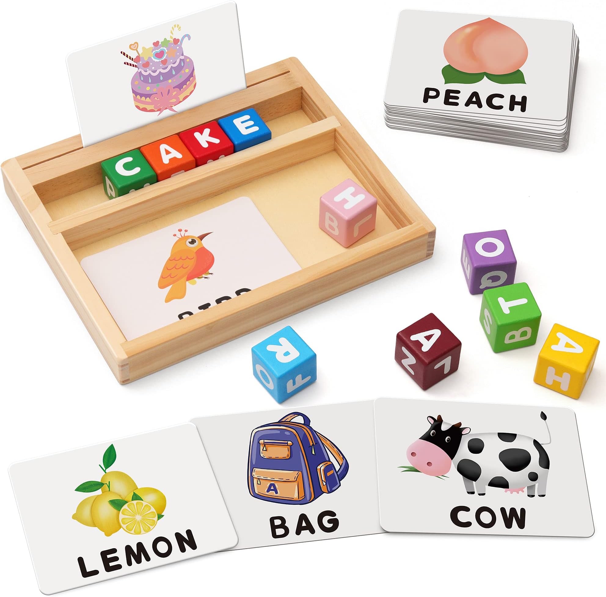 Coogam Color Blocks Spelling Games, Wooden Matching Letters Toy with Words Flash Cards, Alphabet ABC Learning Educational Puzzle Gift for Preschool Kids Boys Girls