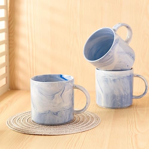 Miniatura 6 de Yundu Juego de 4 tazas de café de cerámica de mármol azul de 12 onzas, juego de tazas para beber, tazas de café apilables con asa, taza apta para