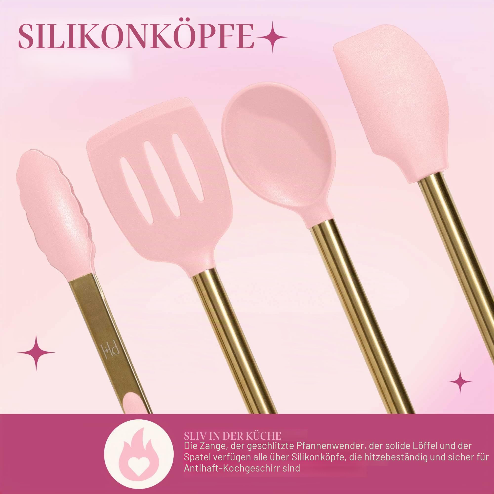 Paris Hilton Küchenset, Werkzeugtopf mit Silikon-Kochutensilien, Schneebesen und Schöpfkelle, 7-teilig, Rosa und Gold
