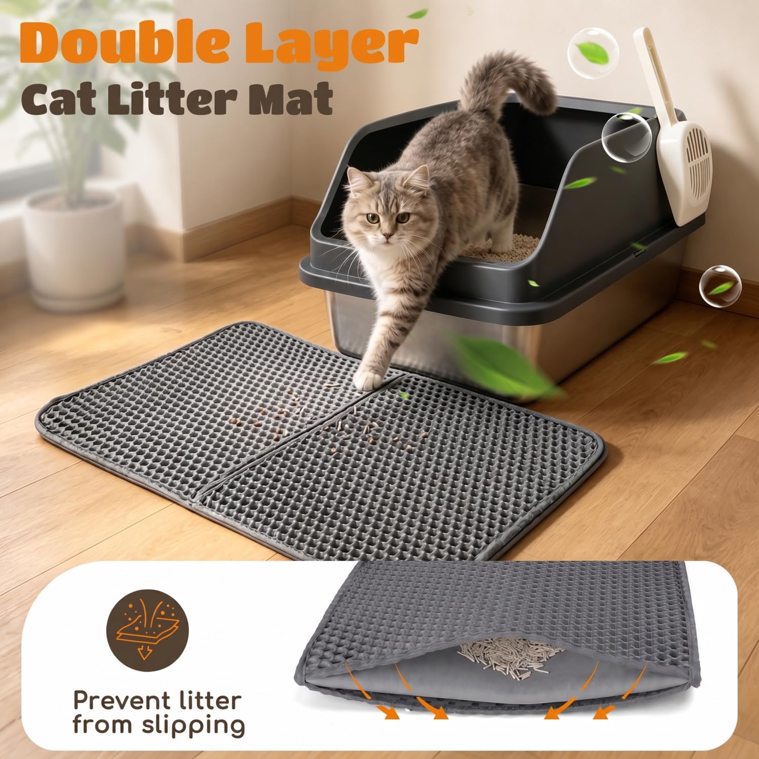 Nobleza Edelstahl Katzentoilette mit Hohem Rand, Anti-Spritz Katzenklo Set inkl. Waben-Katzenstreumatte und Schaufel, Geruchsneutral, 61 x 40,5 x 31 cm, Silber/Grau