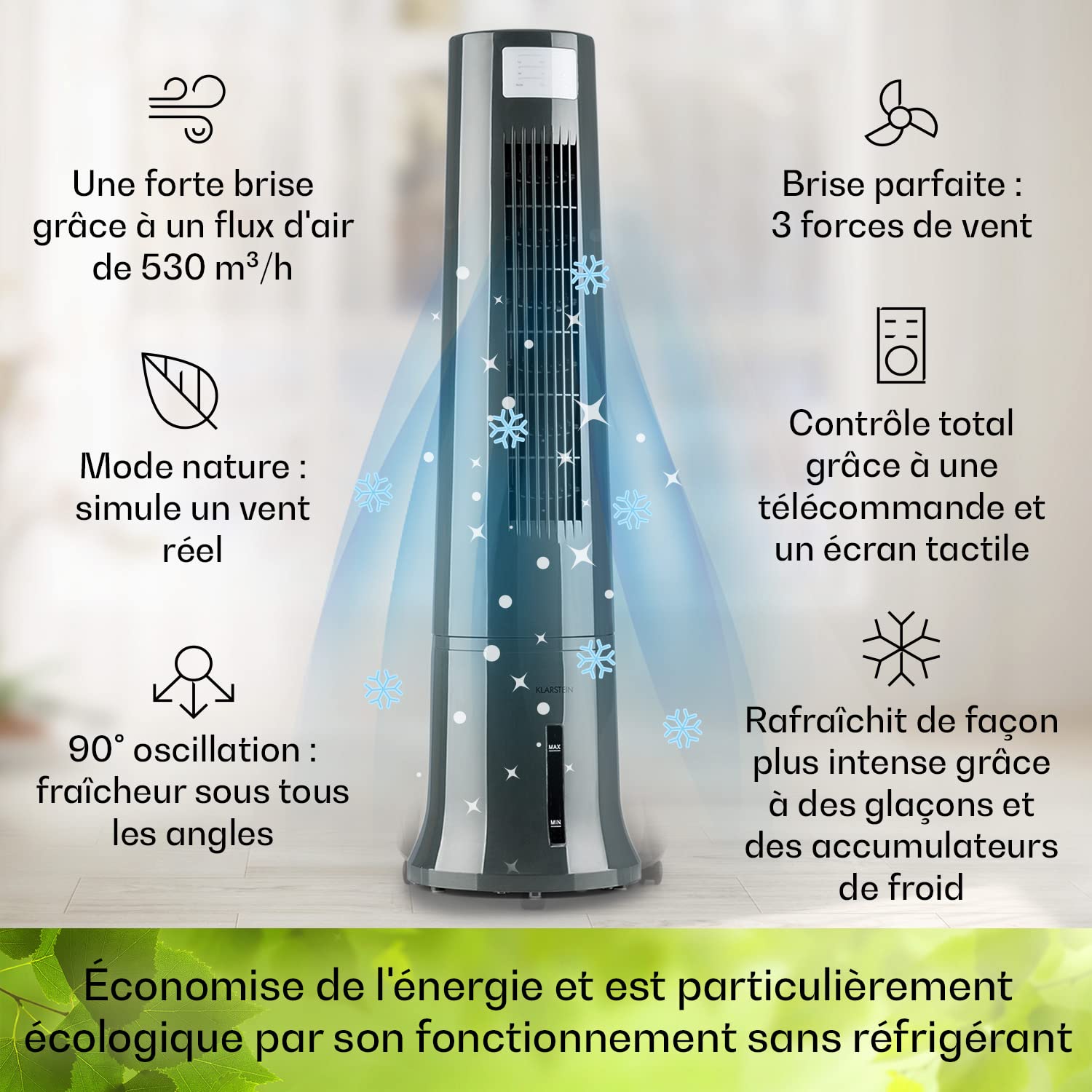 Klarstein Rafraîchisseur d'Air Mobile, Refroidisseur d'Air par Evaporation 4-en-1, Mode Nuit Silencieux, Humidificateur, Ventilateur avec Glacon Efficace, 2,5L, 40W, Débit d'Air de 530m³/h, Noir