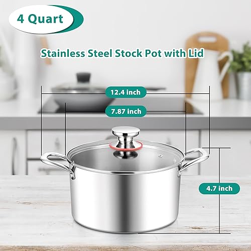 Miniatura 2 de E-far Olla de 4 cuartos de galón, olla de cocina de acero inoxidable de tres capas con tapa de vidrio y asas remachadas, olla de sopa de pasta de