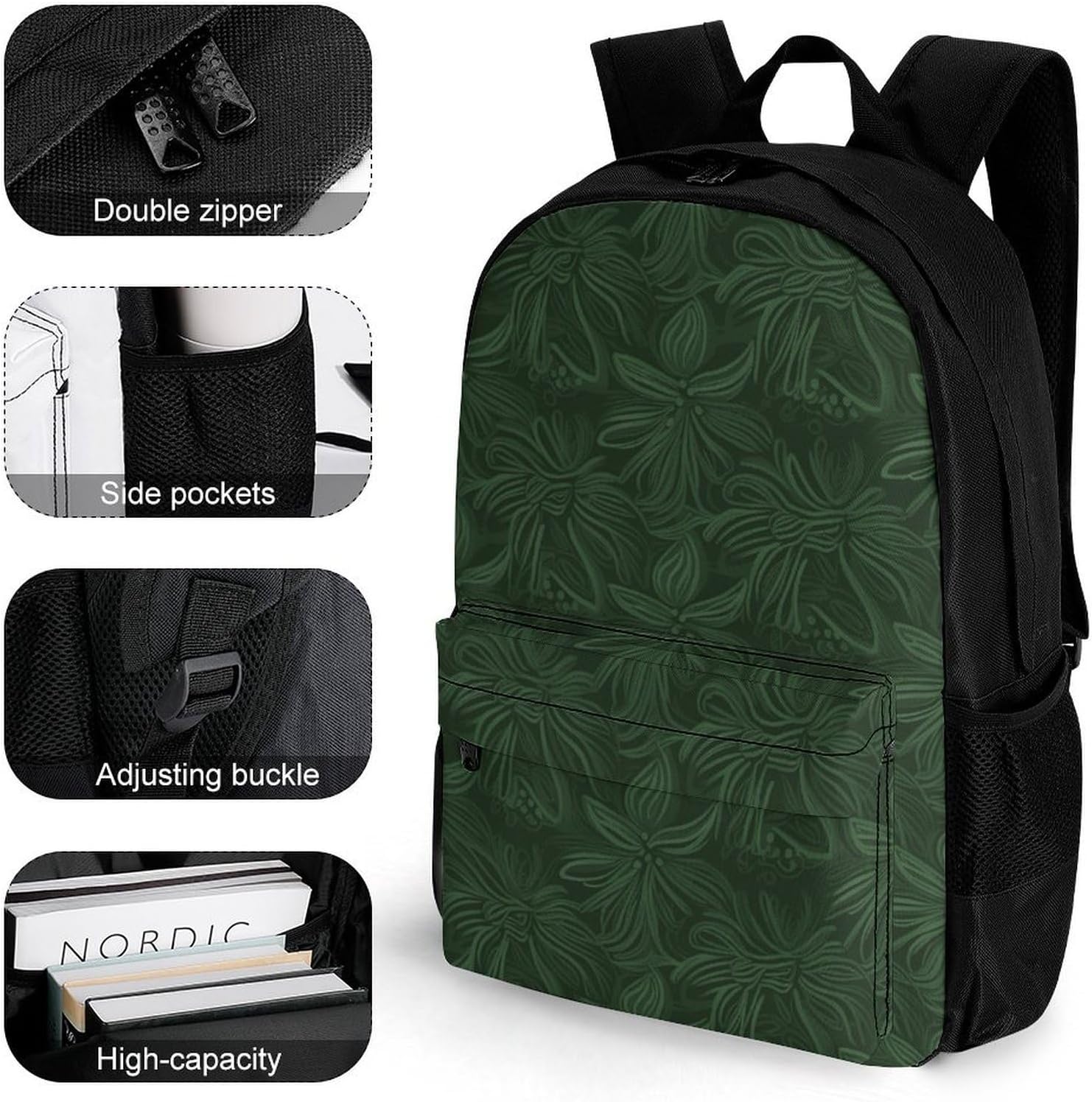 Portable Green Floral Backpack with Front & Side Pockets image 3