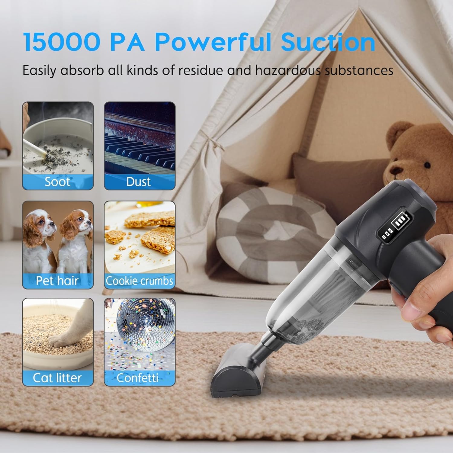 Mini car Vacuum Cleaner, dust Blower, LED Display, Wireless Handheld Vacuum Cleaner, Pure Copper Motor 15000PA high Power, Portable car, Office, Keyboard and Home Cleaning