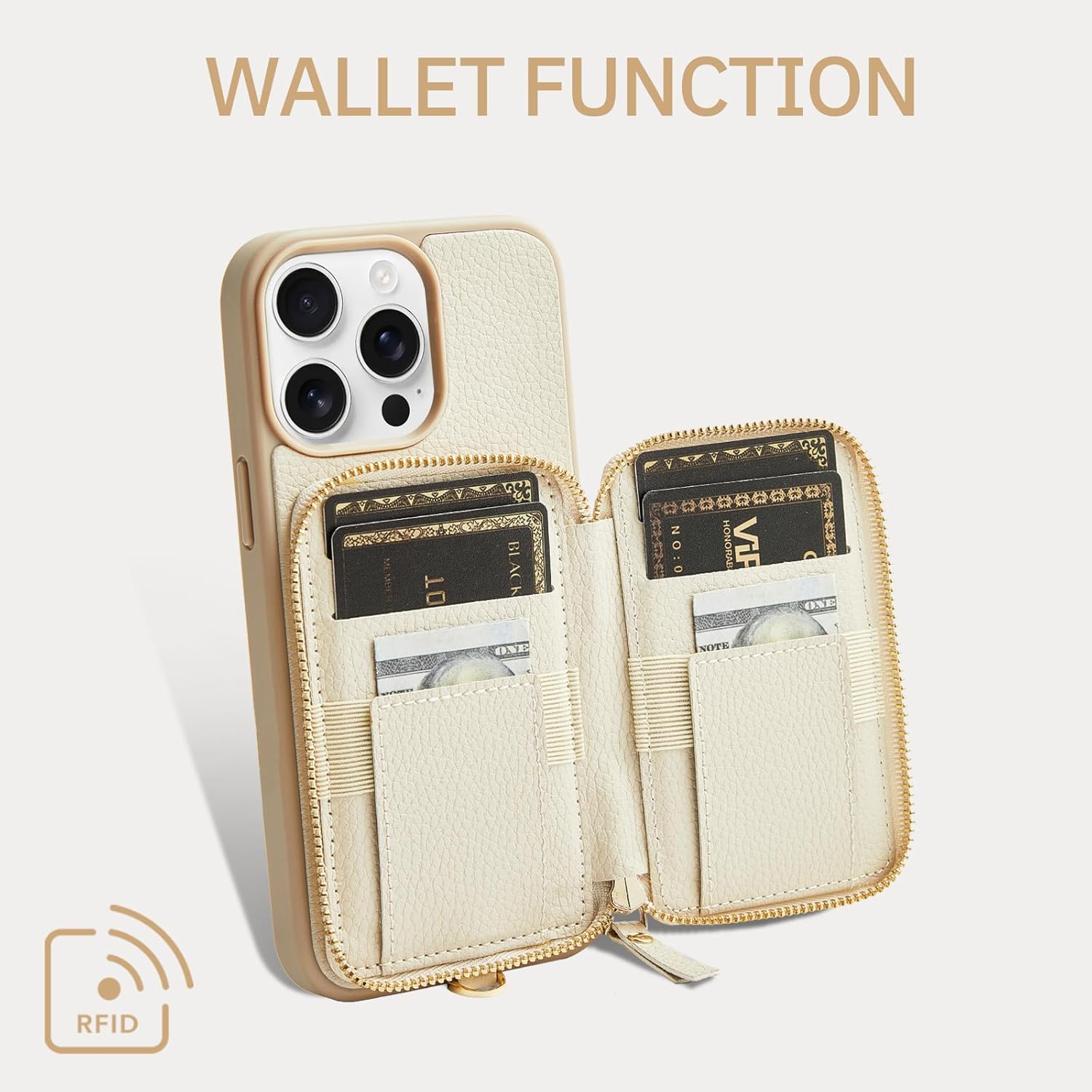 ZVE for iPhone 13 ProMax Wallet Case with Wrist Strap, Zipper Phone Case with RFID Blocking Card Holder Leather Case Cover Women iPhone Accessories for iPhone 13 Pro Max 6.7"- Beige