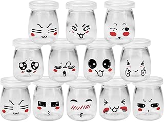 Chiluxendo 12 Pièces Pot en Verre avec Couvercle Réutilisables, Pot Yaourt Transparent, Pots de Yaourt avec Motifs Cartoon, Petits Pots en Verre pour Mousse, Gelée, Confiture, Lait et Apéritif(100ML)